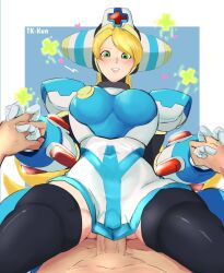1boy 1girl blonde_hair blue_background blush border breasts cinnamon_(mega_man) clothed_sex dress green_eyes hetero holding_hands interlocked_fingers large_breasts long_hair mega_man_(series) mega_man_x:_command_mission mega_man_x_(series) pov sex simple_background solo_focus tk1993 vaginal white_border white_dress