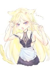 Rule 34 | 1girl, absurdres, anger vein, apron, bare shoulders, black dress, blonde hair, blue eyes, breasts, cartethyia (wuthering waves), claw pose, commentary request, cropped legs, dress, hands up, highres, kemonomimi mode, long hair, looking at viewer, obyake, open mouth, pointy ears, sidelocks, simple background, small breasts, solo, strap slip, very long hair, white apron, white background, wuthering waves