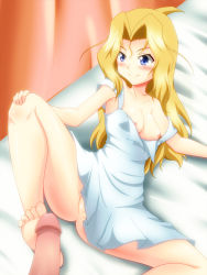 1boy 1girl barefoot blonde_hair blue_eyes blush breasts censored feet footjob hetero highres nipples no_bra no_panties penis pussy ryuumonbuchi_touka saki_(manga) small_breasts smile takappe