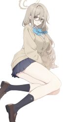 1girl akane_(blue_archive) aqua_bow aqua_bowtie black_skirt black_socks blue_archive bow bowtie breasts brown_cardigan brown_hair brown_halo cardigan commentary_request glasses hair_between_eyes hair_ornament hair_scrunchie hakuhatsu halo highres large_breasts legs long_hair long_sleeves looking_at_viewer miniskirt pleated_skirt scrunchie simple_background sitting skirt sleeves_past_fingers sleeves_past_wrists smile socks solo white_background yokozuwari