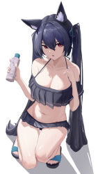 Rule 34 | 1girl, absurdres, animal ear fluff, animal ears, bare shoulders, bikini, black bikini, blue archive, bottle, breasts, cat ears, cat girl, cleavage, commentary request, frilled bikini, frills, hair between eyes, highres, holding, holding bottle, jinling ovo, large breasts, long hair, looking at viewer, open mouth, red eyes, sandals, serika (blue archive), serika (swimsuit) (blue archive), sidelocks, squatting, swimsuit, twintails