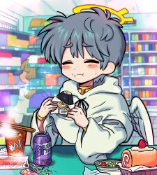 2girls angel angel_wings can capelet closed_eyes commentary convenience_store cup_ramen drink_can eating english_commentary feathered_wings food food_on_face grey_hair halo highres holding holding_food hood hood_down hooded_capelet indoors long_sleeves multiple_girls onigiri original satanmanse shelf shop short_hair white_capelet white_wings wide_sleeves wings