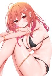 1girl absurdres ahoge ana_(vvvvor) bikini black_bikini blush breasts cleavage colored_inner_hair hair_ornament hairpin highres hololive hololive_dev_is ichijou_ririka large_breasts looking_at_viewer multicolored_hair orange_eyes orange_hair pink_hair side-tie_bikini_bottom smile solo swimsuit virtual_youtuber white_background