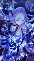 1boy 1girl absurdres artist_name blue_eyes breasts brown_hair collarbone dress genshin_impact grey_jacket highres jacket junebuart large_breasts long_sleeves making-of_available mittens pink_eyes purple_thighhighs red_scarf scarf shorts skirk_(genshin_impact) tartaglia_(genshin_impact) thighhighs weapon white_dress