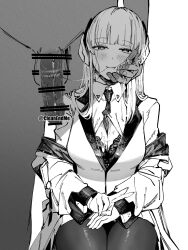 Rule 34 | 1boy, 1girl, after fellatio, bar censor, between breasts, blue archive, breasts, censored, cleavage, closed mouth, collared shirt, greyscale, hand on another&#039;s cheek, hand on another&#039;s face, hetero, highres, large breasts, lipstick ring, long hair, long sleeves, looking at viewer, monochrome, necktie, necktie between breasts, noa (blue archive), otimusyairoha, pantyhose, penis, saliva, saliva trail, shirt, smile, solo focus, v