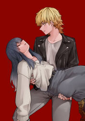 1boy 1girl akizakura_iori belt black_hair black_jacket blonde_hair crossdressing highres ikemen_joshi_to_josou_danshi jacket long_hair open_clothes open_jacket pants red_background reverse_trap rindou_hazuki shirt tadd_(tatd)