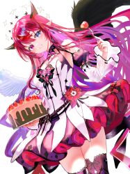1girl asymmetrical_wings bare_shoulders black_wings bloom_(irys) blue_eyes breasts cake cleavage_cutout clothing_cutout commentary commentary_request double_halo dress dress_flower english_commentary feathered_wings flower food fork gloom_(irys) halo heterochromia highres holding holding_cake holding_food holding_fork hololive hololive_english horns irys_(hololive) irys_(irys_2.0)_(hololive) juliet_sleeves long_hair long_sleeves looking_at_viewer medium_breasts mismatched_wings parted_bangs pointy_ears puffy_sleeves purple_eyes purple_hair purple_thighhighs red_hair short_dress simple_background solo sowon star_halo thighhighs transparent_background very_long_hair virtual_youtuber white_dress white_wings wings