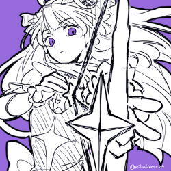 Rule 34 | aiming, aiming at viewer, arrow (projectile), artist name, back bow, blunt bangs, blunt ends, bow, bow (weapon), brooch, closed mouth, cowboy shot, crescent, crescent hair ornament, cure selene, drawing bow, dress, eyelashes, floating hair, frilled gloves, frilled sleeves, frills, gloves, greyscale, hair bow, hair ornament, holding, holding arrow, holding bow (weapon), holding weapon, jewelry, kaguya madoka, light frown, long hair, looking at viewer, magical girl, monochrome, nachuchoco, precure, puffy short sleeves, puffy sleeves, purple background, purple eyes, short sleeves, sidelocks, simple background, sketch, spot color, star (symbol), star print, star twinkle precure, very long hair, weapon