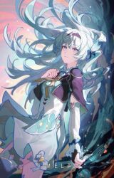Rule 34 | 1girl, aqua dress, aqua hair, aqua thighhighs, black hairband, breasts, closed mouth, dress, fingerless gloves, firefly (honkai: star rail), gloves, hair between eyes, hairband, highres, holding, honkai: star rail, honkai (series), long hair, long sleeves, looking at viewer, medium breasts, meirong, pink eyes, solo, thighhighs