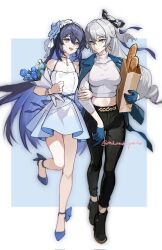 2girls bag baguette black_hair black_pants black_ribbon black_shoes blue_eyes blue_flower blue_gloves blue_hair blue_jacket blue_rose blue_shoes bouquet bread bronya_zaychik choker closed_mouth commentary crossed_bangs dress earrings flower food foot_up full_body gloves grey_eyes grey_hair grocery_bag hair_between_eyes hair_flower hair_ornament hair_ribbon highres holding holding_another&#039;s_arm holding_bag holding_bouquet honkai_(series) honkai_impact_3rd jacket jacket_on_shoulders jewelry long_hair midriff mie_xing multiple_girls open_mouth pants ribbon rose seele_vollerei shirt shoes shopping_bag smile symbol-only_commentary turtleneck turtleneck_shirt twitter_username very_long_hair white_dress white_shirt