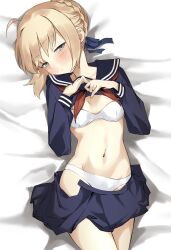 1girl artoria_pendragon_(fate) black_serafuku black_skirt blonde_hair blush bra breasts bun_with_braided_base capsule_servant chiizu_ore clothes_lift clothes_pull commentary_request commission fate_(series) green_eyes hair_bun hair_ribbon half-closed_eyes highres lifting_own_clothes lying master_artoria miniskirt naughty_face on_back panties ribbon school_uniform serafuku shirt_lift single_hair_bun skeb_commission skirt skirt_pull small_breasts solo strapless strapless_bra underwear white_bra white_panties