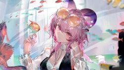 Rule 34 | 1girl, alternate costume, animal ears, arknights, bikini, braid, breasts, chiaspicy, closed mouth, eyewear on head, fish, hands up, highres, jacket, jewelry, lin (arknights), long hair, looking at viewer, mouse ears, orange-tinted eyewear, pink eyes, pink hair, ring, see-through clothes, see-through jacket, smile, solo, swimsuit, tinted eyewear, upper body