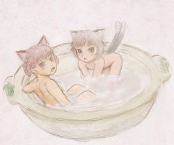 2girls animal_ears bad_id bad_pixiv_id bathing blush brown_hair cat_ears cat_girl cat_tail chen extra_ears female_focus hair_rings kaenbyou_rin multiple_girls multiple_tails nabe no_headwear nude open_mouth red_eyes red_hair same-sex_bathing saraband shared_bathing tail touhou tub