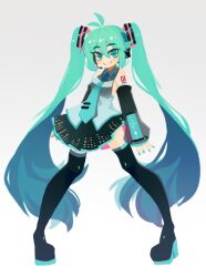 1girl antenna_hair aqua_eyes aqua_hair aqua_nails aqua_necktie arm_tattoo black_shoes black_skirt black_sleeves boots closed_mouth collared_shirt commentary contrapposto detached_sleeves full_body gradient_background grey_shirt hair_between_eyes hashtag-only_commentary hatsune_miku headset long_hair long_sleeves looking_at_viewer nail_polish necktie number_tattoo projecttiger shirt shoes skirt sleeveless sleeveless_shirt smile solo standing tattoo thigh_boots tie_clip twintails very_long_hair vocaloid vocaloid_boxart_pose