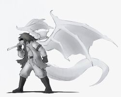 1girl armlet artist_name axe belt boots bracelet buckle clenched_hand commentary deltarune dragon_tail dragon_wings english_commentary furry furry_female greyscale heart heart-shaped_buckle heart_belt highres holding holding_axe jacket jewelry mechamichal monochrome open_clothes open_jacket serious simple_background solo spiked_armlet spiked_bracelet spikes susie_(deltarune) tail white_background wings