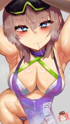 1girl aa-12_(girls&#039;_frontline) absurdres apron armpits blue_eyes brown_hair candy cheeta_(girls&#039;_frontline_2) commentary english_commentary eyewear_on_head food girls&#039;_frontline girls&#039;_frontline_2:_exilium highres lind_(neural_cloud) lollipop m_e_e_p_y mp7_(girls&#039;_frontline) presenting_armpit purple_apron sweat