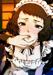 1boy 1girl absurdres amamiya_ren apron bilingual_commentary bow bowtie breasts brown_hair commentary english_commentary grabbing_another&#039;s_breast groping hand_around_waist hand_in_another&#039;s_mouth highres kawakami_sadayo maid maid_apron maid_headdress mixed-language_commentary oeilvert_fft persona persona_5