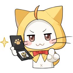 :3 ahoge animal animal_focus artist_request badge blush_stickers bow bowtie brown_eyes cat cloak closed_mouth clothed_animal cropped_torso ear_covers highres holding_badge hood hood_up hooded_cloak infinity_nikki momo_(nikki) navel nikki_(series) no_humans official_art pointing pointing_at_viewer red_bow red_bowtie smile smug sparkle traditional_bowtie transparent_background v-shaped_eyebrows whiskers white_cat yellow_cloak