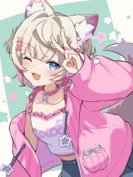 1girl animal_ear_fluff animal_ears blonde_hair blue_eyes blue_skirt clothes_writing collar dog_ears dog_girl dog_tail fang frilled_shirt frills hair_intakes hair_ornament hashtag-only_commentary highres hololive hololive_english jacket long_sleeves looking_at_viewer mococo_abyssgard mococo_abyssgard_(casual) multicolored_hair official_alternate_costume one_eye_closed open_clothes open_jacket open_mouth pink_collar pink_hair pink_jacket saka_mikatsuki shirt short_hair skin_fang skirt solo star_(symbol) streaked_hair tail two_side_up v virtual_youtuber white_shirt x_hair_ornament