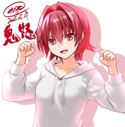 1girl alternate_costume artist_name character_name dated drawstring engo_(aquawatery) hair_intakes hood hooded_sweater kantai_collection kinu_(kancolle) one-hour_drawing_challenge open_mouth red_eyes red_hair shadow short_hair smile solo sweater w_arms