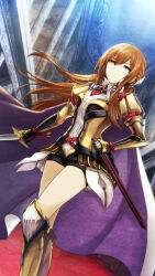 1girl archived_source armor armored_boots black_shorts boots breasts brown_hair cape closed_mouth collared_shirt dutch_angle floating_hair frown game_cg gauntlets grey_eyes hair_between_eyes hair_ornament highres holding holding_sword holding_weapon huke long_hair makise_kurisu medium_breasts necktie official_alternate_costume official_art purple_cape red_necktie scabbard sheath shirt short_shorts shorts solo standing steins;gate straight_hair sword third-party_source unsheathed weapon