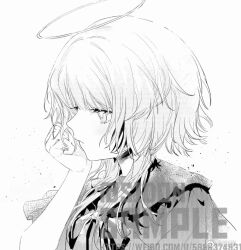 1girl artist_name bow bowtie chinese_commentary closed_mouth collared_capelet commentary_request commission expressionless eyelashes greyscale hand_on_own_face hellos light_blush light_frown looking_ahead monochrome original pleated_capelet pointy_nose sample_watermark shirt short_hair_with_long_locks sidelocks simple_background solo traditional_media upper_body watermark white_background