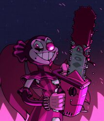 Rule 34 | 1girl, adventure time, alternate costume, blood, blood on face, chainsaw, clown, clown nose, colored skin, discount-supervillain, gloves, highres, holding, long hair, makeup, parted lips, pink eyes, pink gloves, pink hair, pink skin, smile, solo, spinel (steven universe), teeth, twintails