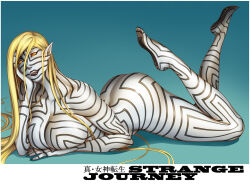 arm_under_breasts asherah_(megami_tensei) ass barefoot black_lips blonde_hair body_markings border breasts carny cleavage colored_sclera demon demon_(megami_tensei) demon_girl english_text full-body_tattoo hair_between_eyes hand_on_own_head large_breasts legs_up long_hair lying nude on_stomach open_mouth pointy_ears shin_megami_tensei shin_megami_tensei:_strange_journey simple_background tattoo white_border yellow_sclera