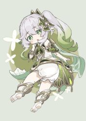 1girl :o bloomers blush blush_stickers bracelet braid cape commentary_request cross-shaped_pupils detached_sleeves dress from_behind genshin_impact gold_trim gradient_hair green_background green_cape green_dress green_eyes green_hair green_sleeves hair_between_eyes hair_ornament hand_up highres jewelry leaf_hair_ornament long_hair looking_at_viewer looking_back multicolored_hair nahida_(genshin_impact) open_mouth pointy_ears short_sleeves side_ponytail sidelocks simple_background single_braid sleeveless sleeveless_dress solo stirrup_footwear streaked_hair symbol-shaped_pupils ta93ura underwear white_bloomers white_dress white_hair