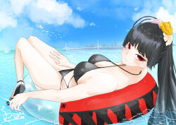 1girl absurdres bikini black_bikini black_hair black_sandals blue_archive blue_sky breasts closed_mouth cloud cloudy_sky day flower hair_flower hair_ornament highres kapushino large_breasts looking_at_viewer official_alternate_costume official_alternate_hairstyle on_innertube outdoors red_eyes sandals simple_bird sky solo swimsuit tsurugi_(blue_archive) tsurugi_(swimsuit)_(blue_archive) white_flower yellow_flower