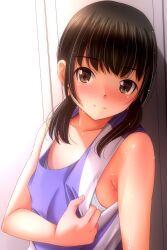 1girl black_hair blush bra bra_peek brown_eyes clothes_pull collarbone jersey long_hair looking_at_viewer low_twintails matsunaga_kouyou original purple_shirt shirt shirt_pull sleeveless sleeveless_shirt smile standing sweat twintails underwear upper_body white_bra