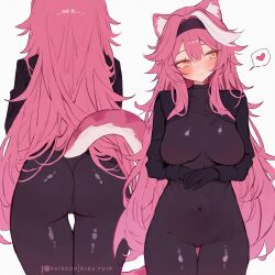 1girl animal_ears ass black_bodysuit black_hairband blush bodysuit breasts closed_mouth commentary covered_groin covered_navel from_behind hair_intakes hairband hashtag-only_commentary heart highres hololive hololive_english kira_yuip large_breasts long_hair looking_to_the_side multicolored_hair multiple_views own_hands_together panther_ears panther_girl panther_tail patreon_logo patreon_username pink_hair raora_panthera simple_background smile solo_focus spoken_heart streaked_hair tail thighs virtual_youtuber white_background yellow_eyes