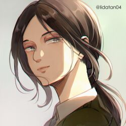 1girl bolo_tie brown_hair closed_mouth collared_shirt grey_background grey_eyes highres jacket lida_(lidalida04) light_smile long_hair looking_at_viewer low_ponytail military_jacket parted_lips pieck_finger ponytail shingeki_no_kyojin shirt solo twitter_username upper_body white_shirt