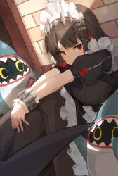 1girl absurdres apron bangboo_(zenless_zone_zero) belt belt_buckle black_hair black_pantyhose breasts buckle colored_inner_hair dress ellen_joe fins fish_tail frilled_wrist_cuffs frills hair_ornament highres looking_at_viewer maid maid_headdress metal_hairband metal_wrist_cuffs mole mole_under_eye multicolored_hair opm7760 pantyhose puffy_short_sleeves puffy_sleeves red_eyes red_hair shark_girl shark_tail sharkboo_(zenless_zone_zero) sharp_teeth short_hair short_sleeves spiked_headband tail teeth two-tone_hair waist_apron white_apron wrist_cuffs zenless_zone_zero