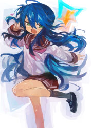 1girl :3 absurdres black_shoes blue_hair commentary green_eyes heart highres izumi_konata kaamin_(mariarose753) leg_up long_hair long_sleeves looking_at_viewer lucky_star mole mole_under_eye neckerchief open_mouth pink_neckerchief pleated_skirt red_sailor_collar red_skirt ryouou_school_uniform sailor_collar school_uniform serafuku shoes skirt socks solo star_(symbol) very_long_hair