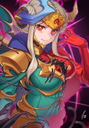 1girl alternate_breast_size alternate_color alternate_costume alternate_eye_color alternate_hair_color alternate_headwear alternate_universe armored_gloves blonde_hair breasts chest_jewel closed_mouth commentary_request corruption dark_persona double_bun dress edelgard_von_hresvelg edelgard_von_hresvelg_(timeskip) fake_horns fire_emblem fire_emblem:_three_houses glowing hair_bun hair_up hand_up head_tilt headpiece highres horns inomata_konomu long_sleeves looking_at_viewer looking_to_the_side medium_breasts nintendo official_alternate_costume pink_lips powering_up red_dress red_eyes shade solo standing upper_body wings yu-gi-oh!