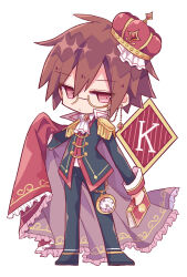1boy absurdres ascot black_jacket black_pants black_shoes book brown_hair cape chibi chibi_only closed_mouth commentary_request crown frilled_cape full_body futaba969649 glasses highres holding holding_book jacket klug_(puyopuyo) long_sleeves looking_at_viewer male_focus pants pocket_watch puyopuyo red_cape red_crown red_eyes semi-rimless_eyewear shoes short_hair simple_background solo standing strange_klug under-rim_eyewear watch white_ascot white_background