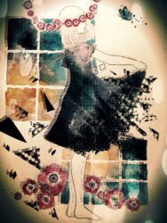 1girl barefoot black_dress bug butterfly closed_mouth commentary covered_eyes dress flower from_side full_body grey_hair halftone hand_up highres insect masking_tape_(medium) medium_dress medium_hair mixed_media oikoko_koko original painting_(medium) pink_flower profile short_sleeves skirt_hold solo standing traditional_media unconventional_media vignetting watercolor_(medium) window