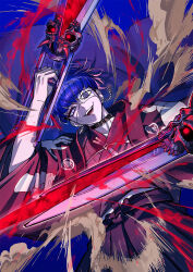 1boy black_hair blue_background blue_eyes blue_hair bridge_piercing collar collarbone earrings eyepatch face_piercing hair_between_eyes highres japanese_clothes jewelry lip_piercing male_focus multicolored_hair omokage_yugamu one_eye_covered piercing second-party_source simple_background solo solo_focus the_hundred_line_-last_defense_academy- weapon_request