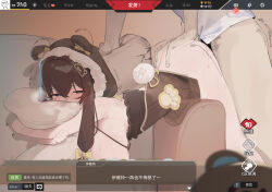 1boy 1girl absurdres animal_ears blue_eyes bow breasts brown_hair chinese_commentary commentary_request hair_bow hanging_breasts hetero highres hood large_breasts long_hair motion_lines rabbit_tail sex sex_from_behind solo_focus strinova sweat tail translation_request uta_(xuyansong1996) yellow_bow yvette_(strinova)