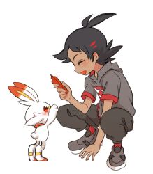 Rule 34 | 1boy, :d, absurdres, black hair, black pants, blush, closed eyes, commentary request, dark-skinned male, dark skin, eyelashes, gen 4 pokemon, gen 8 pokemon, goh (pokemon), grey footwear, grey shirt, hair ornament, hairclip, highres, holding, holding phone, nico o0, nintendo, open mouth, pants, phone, pokemon, pokemon (anime), pokemon (creature), pokemon journeys, red legwear, rotom, rotom phone, scorbunny, shirt, shoes, short hair, short sleeves, smile, sneakers, socks, spiked hair, squatting, white background, |d