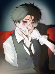 Rule 34 | 1boy, 1girl, absurdres, after kiss, alternate costume, ayase momo, black gloves, black hair, black necktie, black vest, blush, brown eyes, collared shirt, commentary, couch, dandadan, glasses, gloves, hachi (chisano hako), hand on another&#039;s chin, hand on another&#039;s face, highres, lipstick mark, lipstick mark on face, lipstick mark on neck, looking at viewer, loose necktie, necktie, on couch, out of frame, parted lips, round eyewear, shirt, short hair, sweatdrop, takakura ken (dandadan), upper body, vest, white shirt
