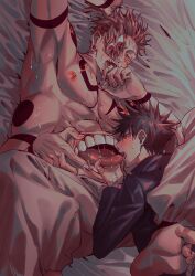 Rule 34 | 2boys, abs, absurdres, azukiharuta ju, barefoot, black hair, brown hair, chest tattoo, facial tattoo, fushiguro megumi, highres, jujutsu kaisen, jujutsu tech uniform, large pectorals, long sleeves, lying, male focus, multiple boys, muscular, muscular male, nipples, on back, on bed, open mouth, pectorals, red eyes, ryoumen sukuna (jujutsu kaisen), ryoumen sukuna (true form) (jujutsu kaisen), short hair, stomach mouth, tattoo, teeth, tongue, topless male, yaoi