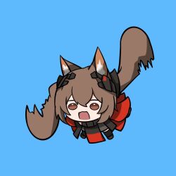 1girl angelina_(arknights) animal_ears animated animated_gif arknights bag black_bag black_thighhighs blue_background brown_eyes brown_hair chibi chinese_commentary commentary_request earpiece fox_ears full_body gilberta_(arknights) helicopter_hair highres jacket long_hair madeli_si_ji messenger_bag open_clothes open_jacket open_mouth piercing red_jacket shoulder_bag simple_background solo thighhighs twintails