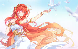 1girl absurdres ancient_greek_clothes bare_shoulders bird blue_eyes bracelet cross-shaped_pupils dove dress flower flower_in_clothes greco-roman_clothes hair_flower hair_ornament highres honkai:_star_rail honkai_(series) jewelry jiuhuaya long_hair pointy_ears red_hair red_snake solo symbol-shaped_pupils tribios_(honkai:_star_rail) very_long_hair watermark white_dress