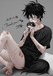 1boy absurdres animal_ears bags_under_eyes bandaid bandaid_on_arm bandaid_on_cheek bandaid_on_face bandaid_on_knee bandaid_on_leg barefoot black_eyes black_hair black_shirt bruise character_doll commentary commission dog_boy dog_ears dog_tail fangs feet grey_background hair_between_eyes highres holding holding_stuffed_toy imai_akira injury male_focus open_mouth original scratches self-harm_scar shirt short_sleeves simple_background sitting skeb_commission solo stuffed_toy tail