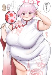 Rule 34 | 1girl, 7sufyfhysfsdkn0, blue archive, blush, breasts, bun cover, china dress, chinese clothes, covered navel, double bun, dress, fanning self, fat, fat woman, floral print, floral print dress, hair bun, hair up, halo, hand fan, hand in own hair, huge breasts, japanese text, mirror, open mouth, pink eyes, pink hair, print dress, short hair, sleeveless, sleeveless dress, smile, solo, standing, sweat, tomoe (blue archive), tomoe (qipao) (blue archive), weight gain, white background, white dress