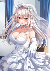 Rule 34 | 1girl, armpits, blush, breasts, bridal gauntlets, bridal veil, bride, brown eyes, cleavage, collarbone, dress, ear focus, etna (kuzuyu), flower, frilled dress, frills, highres, jewelry, komori kuzuyu, large breasts, long hair, looking at viewer, necklace, open mouth, original, red eyes, ribbon, rose, sleeveless, sleeveless dress, veil, wedding dress, white dress, white flower, white hair, white rose