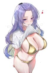 1girl alternate_costume arms_behind_back bangs_pinned_back bikini bikini_under_clothes breasts cleavage clothes_lift clothes_pull colored_inner_hair cowboy_shot forehead gold_bikini highres hololive hololive_indonesia horisu_(kholiskun) large_breasts long_hair moona_hoshinova mouth_hold multicolored_hair navel purple_eyes purple_hair shirt shirt_lift simple_background solo stomach swimsuit t-shirt tan tanline twitter_username virtual_youtuber white_background white_shirt
