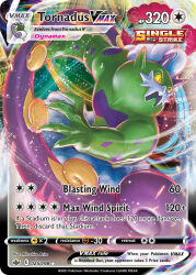 arita_mitsuhiro artist_name card_(medium) character_name claws company_name copyright_name copyright_notice dynamax english_text gen_5_pokemon legendary_pokemon muscular nintendo official_art pokemon pokemon_(creature) pokemon_card pokemon_focus pokemon_tcg red_clouds third-party_source tornadus tornadus_(incarnate) trading_card wind